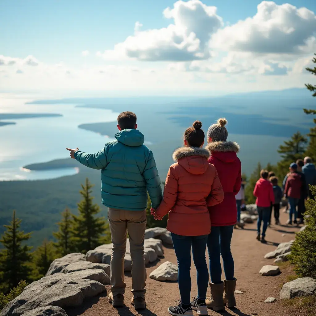 Панорама национального парка Акадия с видом на залив и гористые пейзажи.