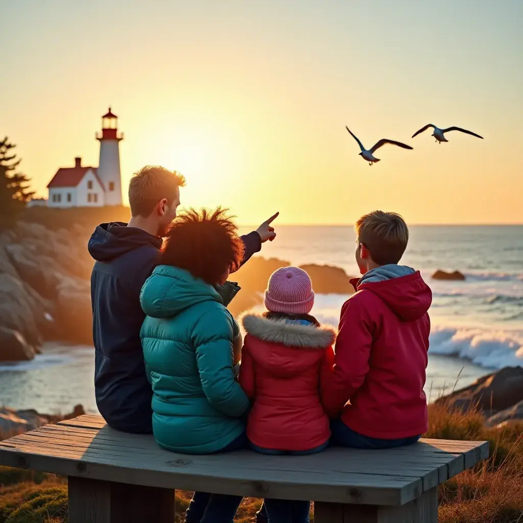 Птичий полет над океаном, с маяком на горизонте.