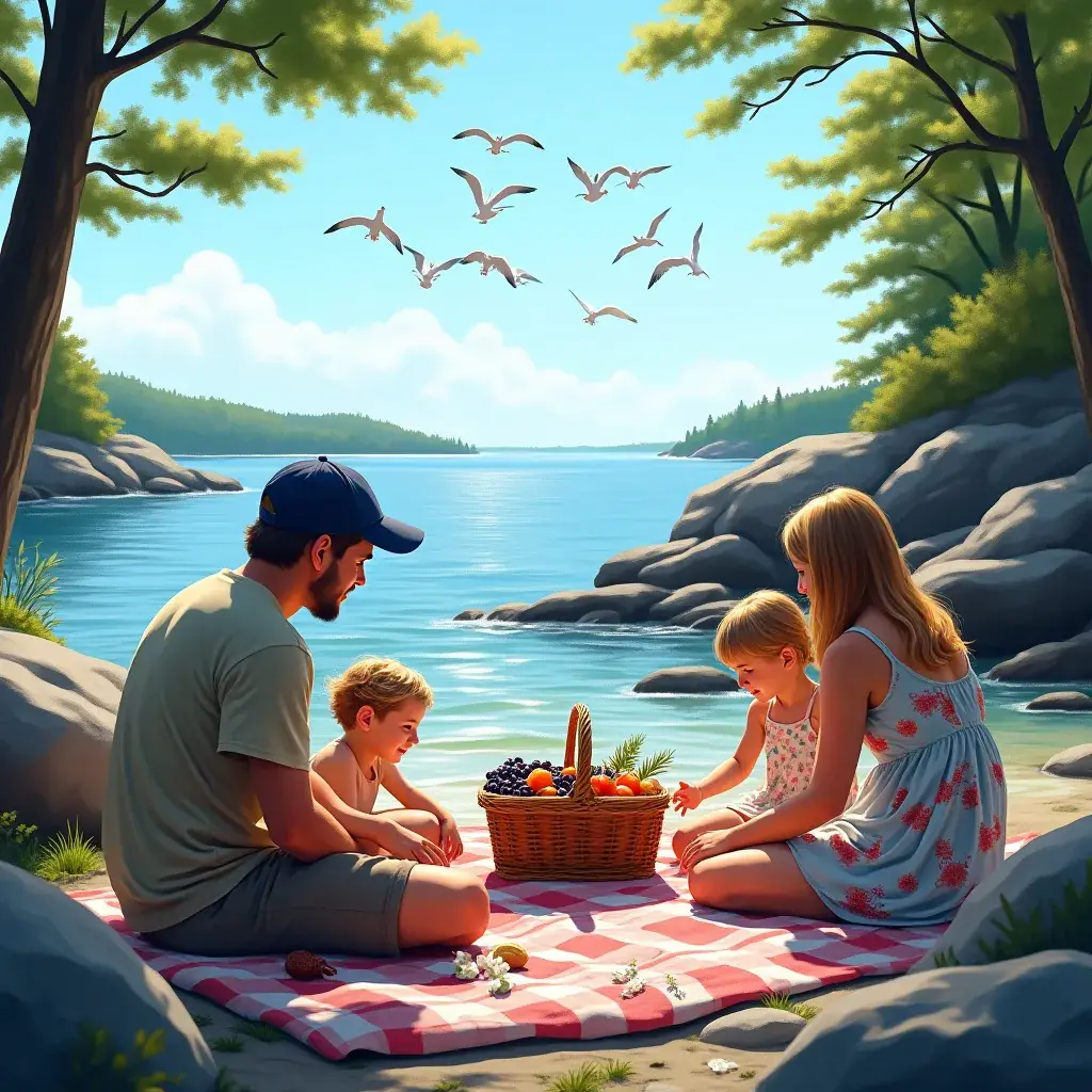 Группировка скал с яркими морскими звездами и ракушками на берегу.