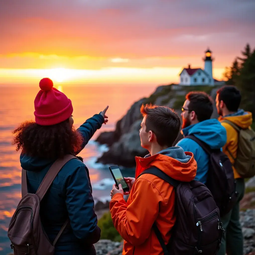 Скалы на берегу океана в национальном парке Акадия, с яркими водорослями и морскими ракушками.
